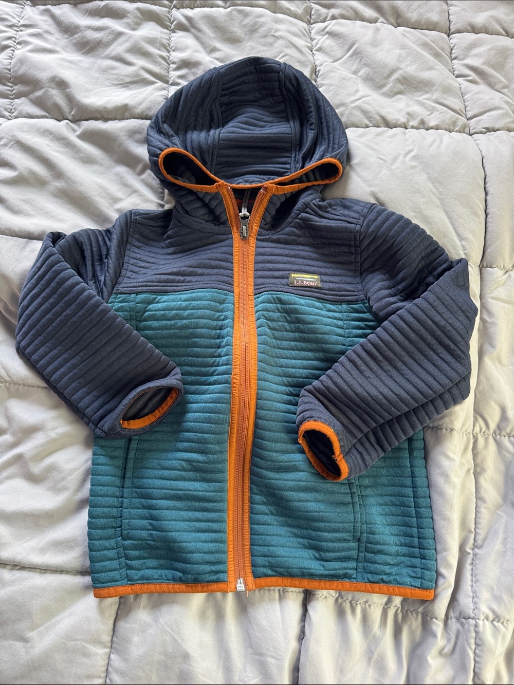 L.L. Bean Kids Hooded Quilted Jacket in Teal, Navy & Orange Trim